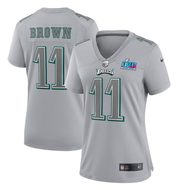 Women's Philadelphia Eagles #11 A.J. Brown Grey Super Bowl LVII Patch Atmosphere Fashion Stitched Game Jersey(Run Small)